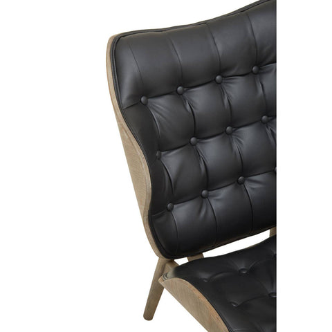 Black leather effect chair featuring a tufted backrest with button detailing and a sleek, curved design.