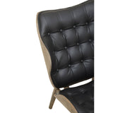 Black leather effect chair featuring a tufted backrest with button detailing and a sleek, curved design.