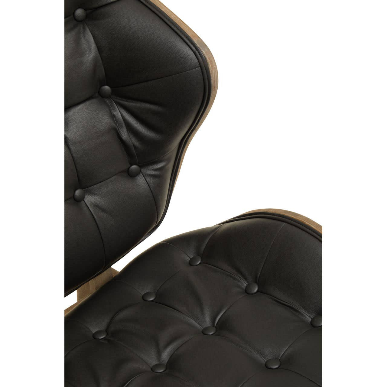 Stylish black leather effect chair featuring a tufted design with button detailing, showcasing a sleek silhouette and a warm elm wood frame.