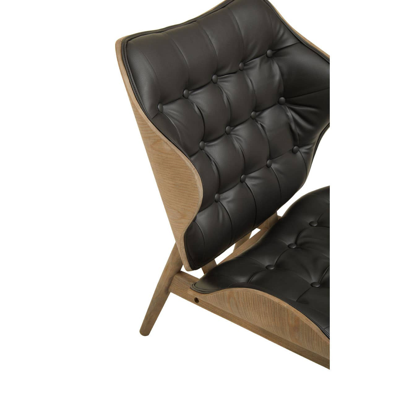 Black leather effect chair featuring a tufted backrest with button detail, supported by a light elm wood frame.