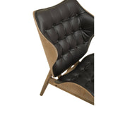 Black leather effect chair featuring a tufted backrest with button detail, supported by a light elm wood frame.