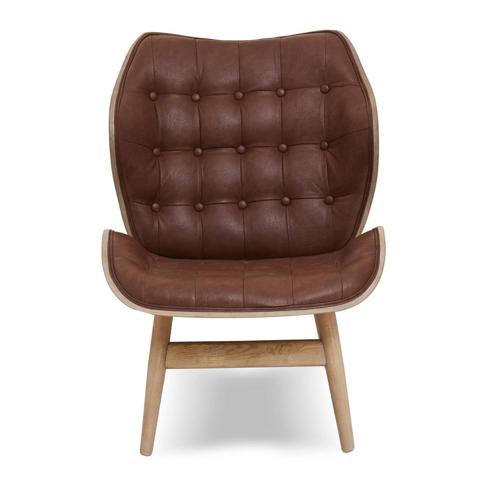 Brown leather effect chair featuring a tufted backrest with rounded edges and a smooth seat.