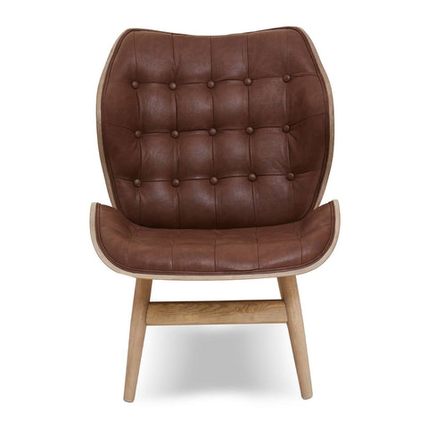 Brown leather effect chair featuring a tufted backrest with rounded edges and a smooth seat.