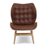 Brown leather effect chair featuring a tufted backrest with rounded edges and a smooth seat.