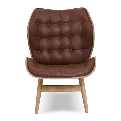 Brown leather effect chair featuring a tufted backrest with rounded edges and a smooth seat.