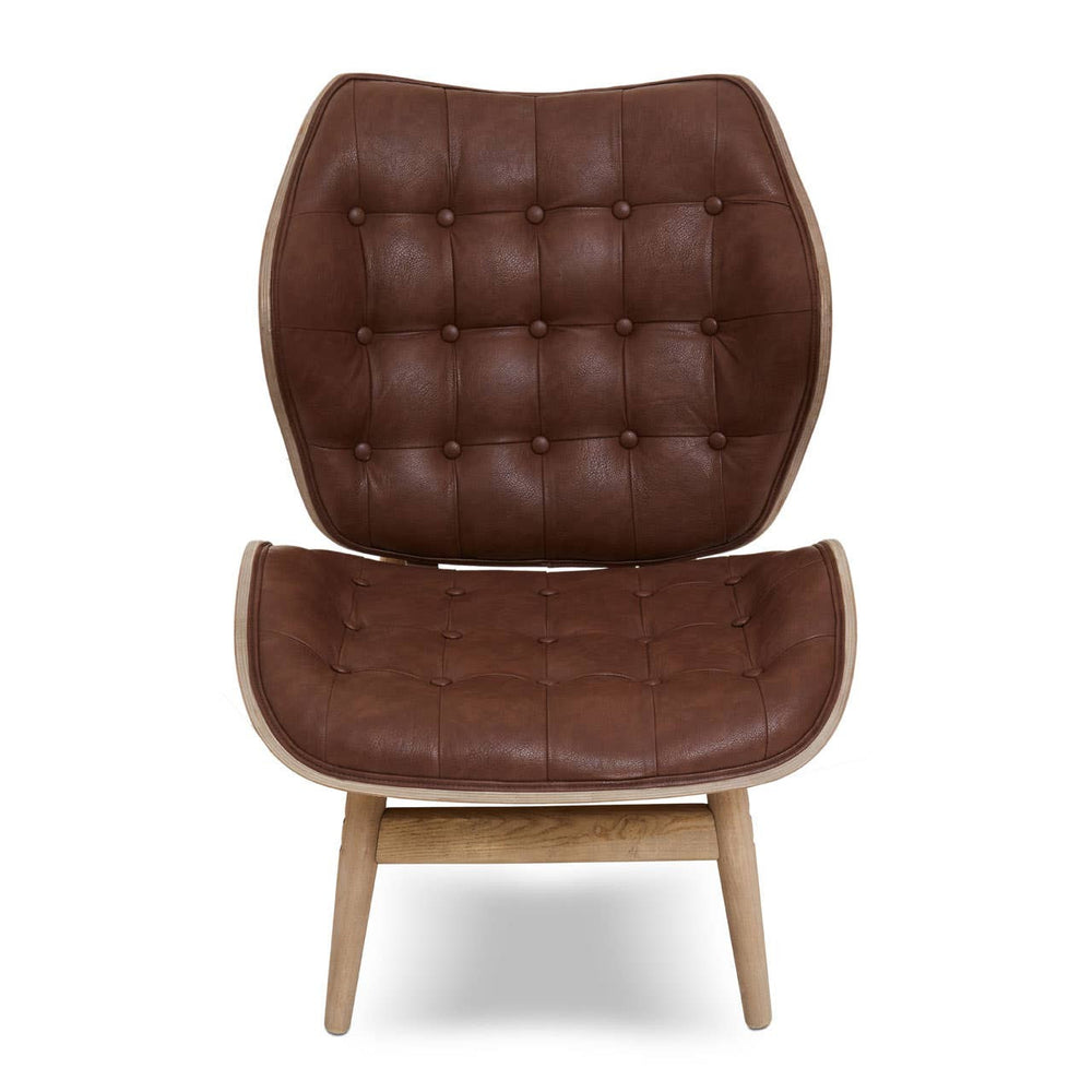Stylish brown leather effect chair featuring a tufted design with rounded edges and a comfortable seat.