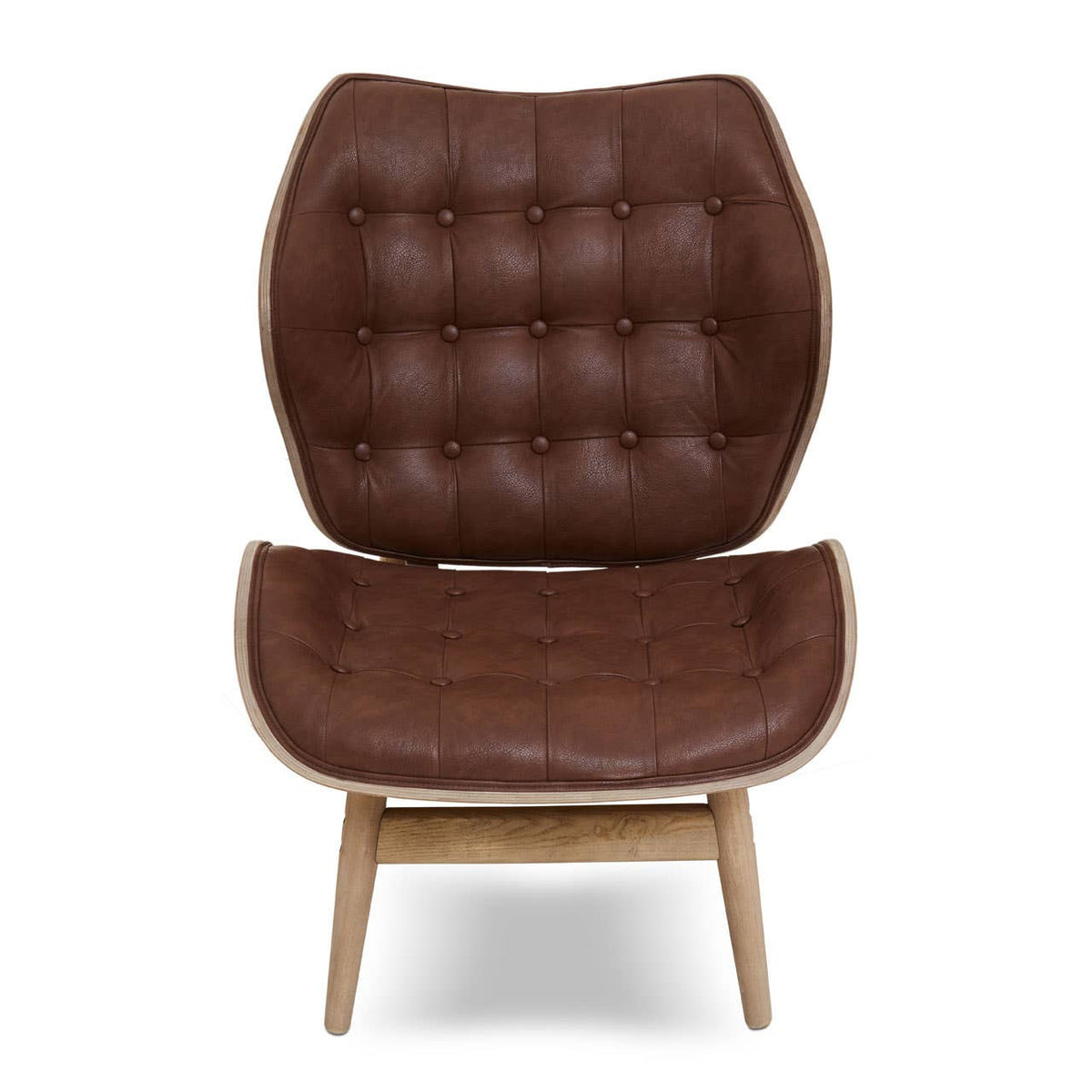 Stylish brown leather effect chair featuring a tufted design with rounded edges and a comfortable seat.