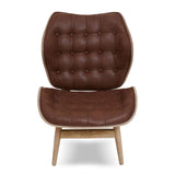 Stylish brown leather effect chair featuring a tufted design with rounded edges and a comfortable seat.