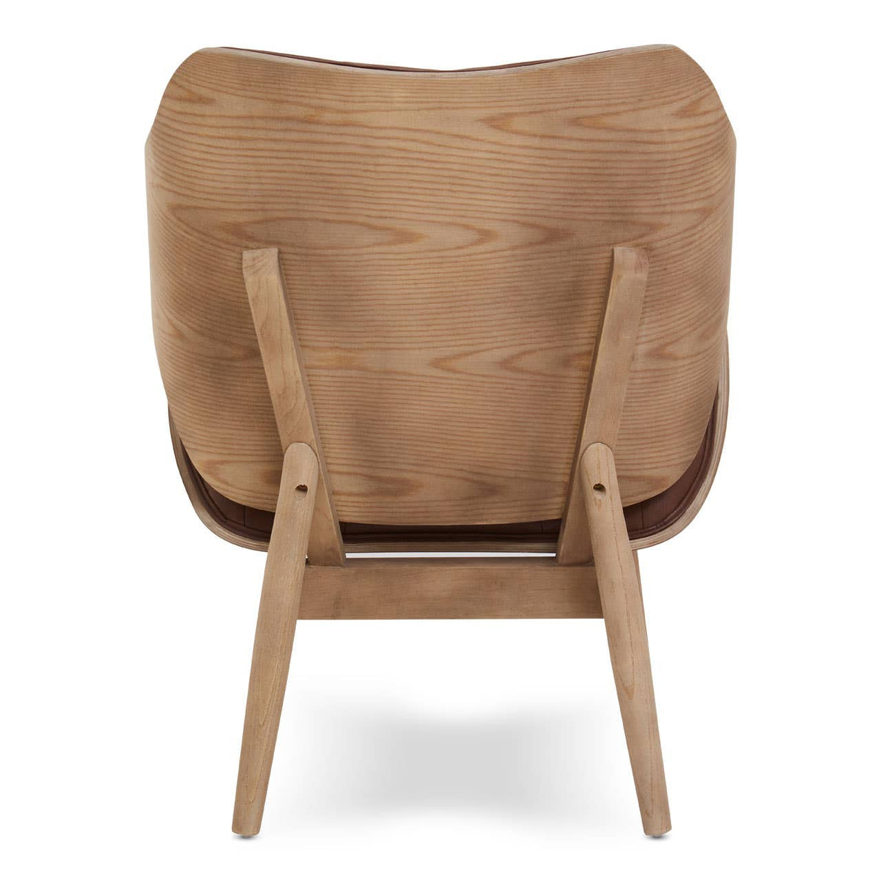 Brown leather effect chair featuring a curved backrest and a minimalist design. The chair is supported by light-colored elm wood legs, showcasing a natural wood grain pattern.
