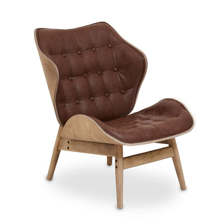 Stylish brown leather effect chair featuring a tufted backrest and seat, complemented by a natural wood frame.