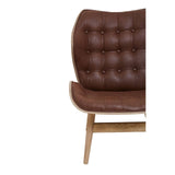 Brown leather effect chair featuring a tufted backrest with round buttons and a smooth, contoured seat.