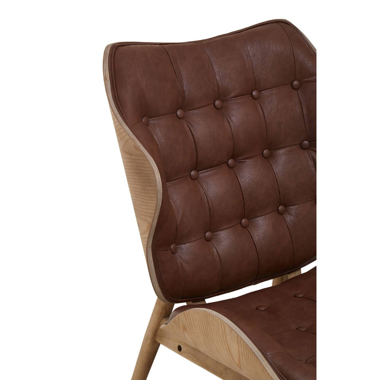 Brown leather effect chair featuring a tufted backrest with button detailing and a sleek, curved design.