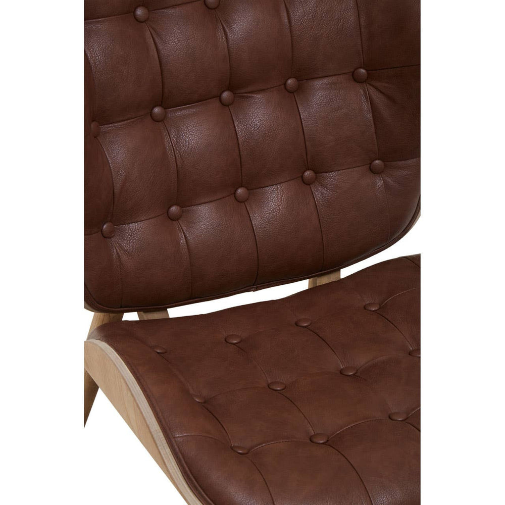 Brown leather effect chair featuring a tufted design with round buttons, complemented by a sleek wooden frame.
