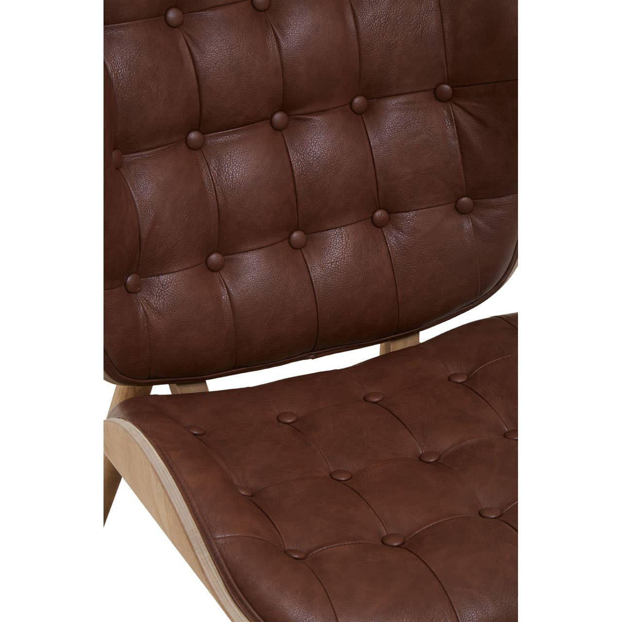 Brown leather effect chair featuring a tufted design with round buttons, complemented by a sleek wooden frame.
