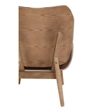 Brown leather effect chair featuring a smooth, curved backrest and sturdy elm wood legs.
