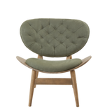 Green velvet chair featuring a tufted backrest and a comfortable seat, supported by a light grey elm wood frame with a sleek, modern design.