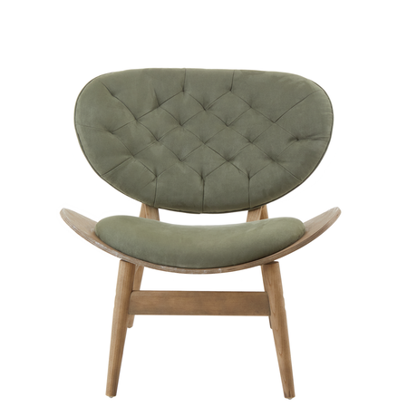 Green velvet chair featuring a tufted backrest and a comfortable seat, supported by a light grey elm wood frame with a sleek, modern design.