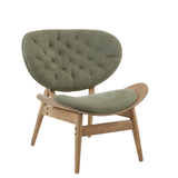 Green velvet chair featuring a tufted backrest and a wide, curved seat, supported by a light grey elm wood frame with angled legs.
