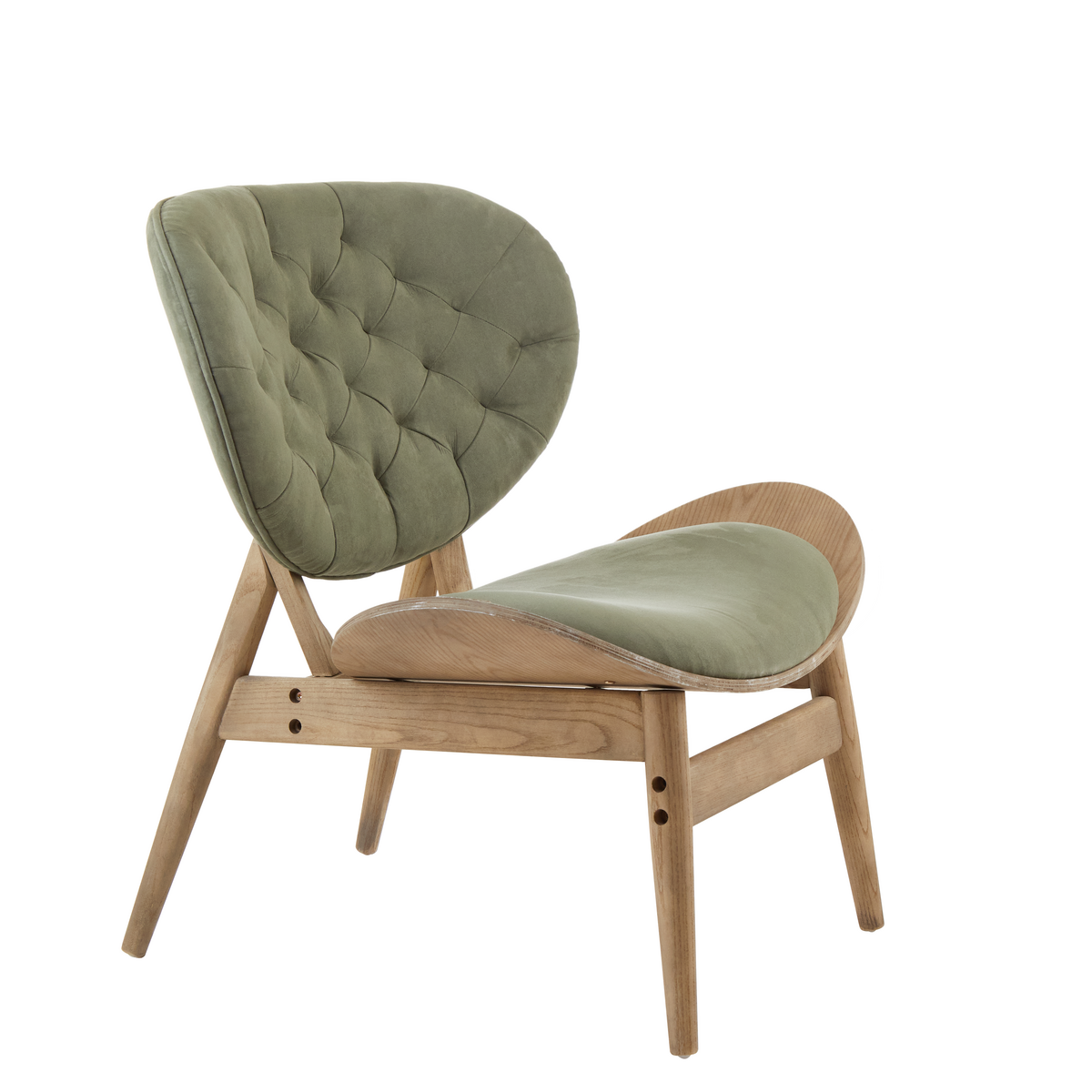 Green velvet chair featuring a tufted backrest and a sleek, curved seat. The chair is supported by a light grey elm wood frame with angled legs, showcasing a modern design.