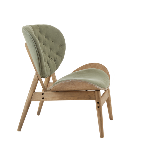 Green velvet chair featuring a tufted backrest and a sleek, curved seat, supported by a light grey elm wood frame with angled legs.