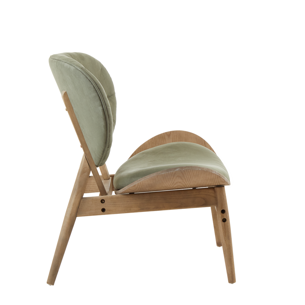 Green velvet chair featuring a curved backrest and plush seat, supported by a light grey elm wood frame with a natural finish.