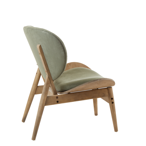 Green velvet chair featuring a rounded backrest and a comfortable seat, supported by a light grey elm wood frame with angled legs.