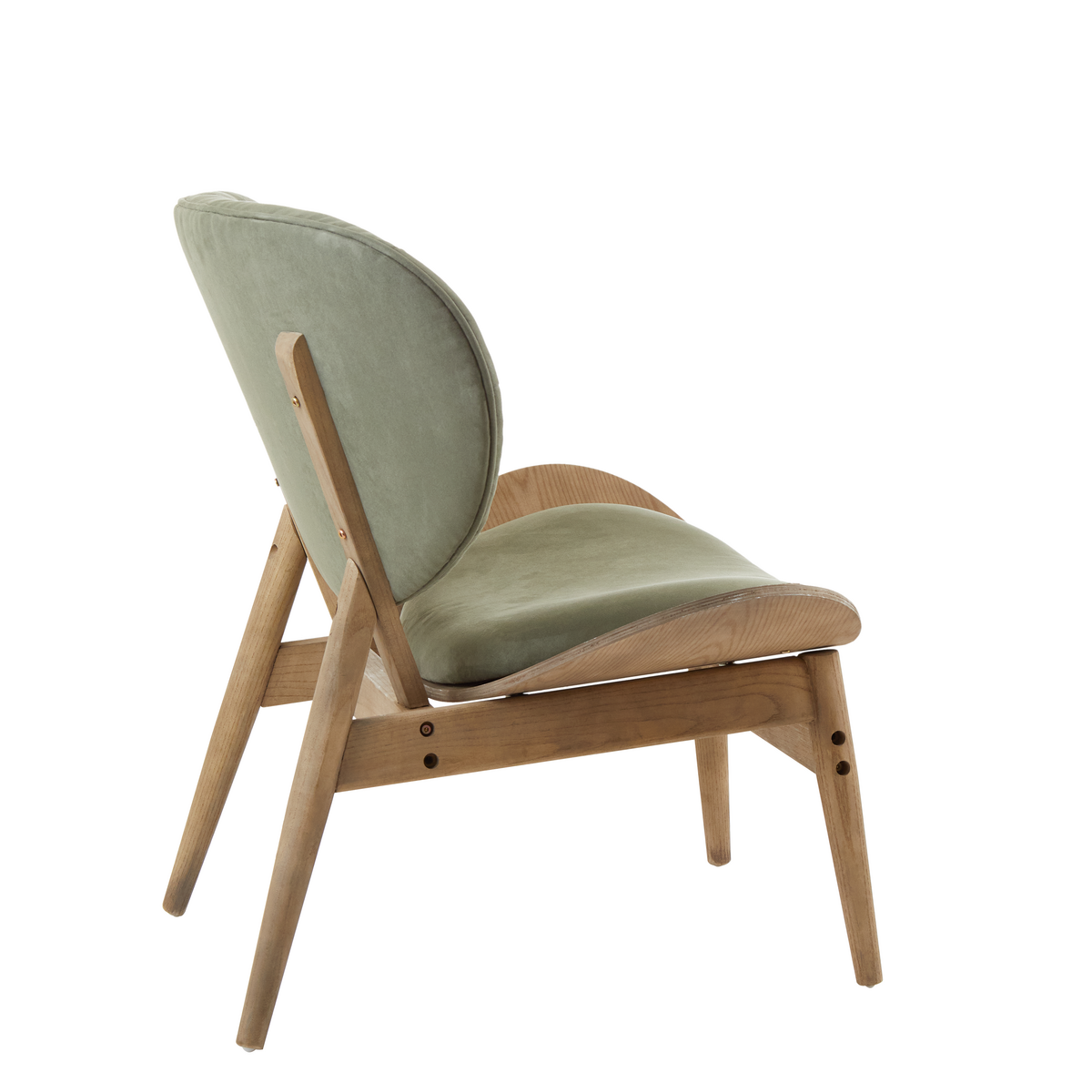Green velvet chair featuring a rounded backrest and a comfortable seat, supported by a light grey elm wood frame with angled legs.