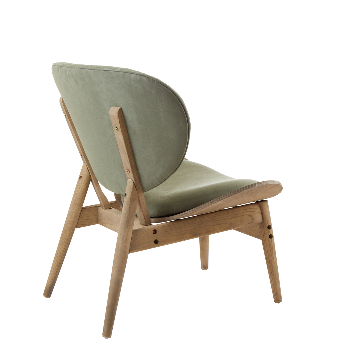 Green velvet chair featuring a rounded backrest and a sleek seat, supported by a light grey elm wood frame with angled legs.