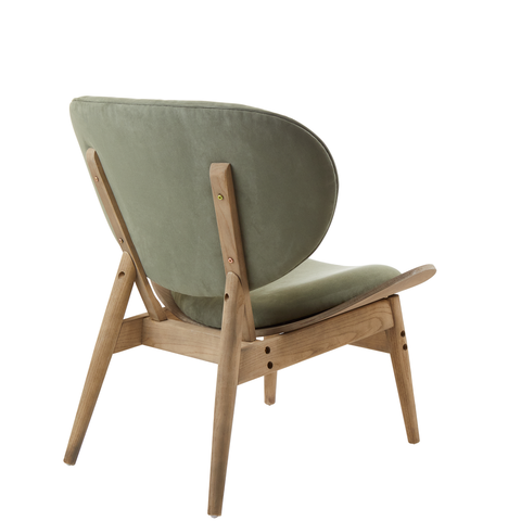 Green velvet chair featuring a rounded backrest and a comfortable seat, supported by a sturdy grey elm wood frame with visible wood grain.