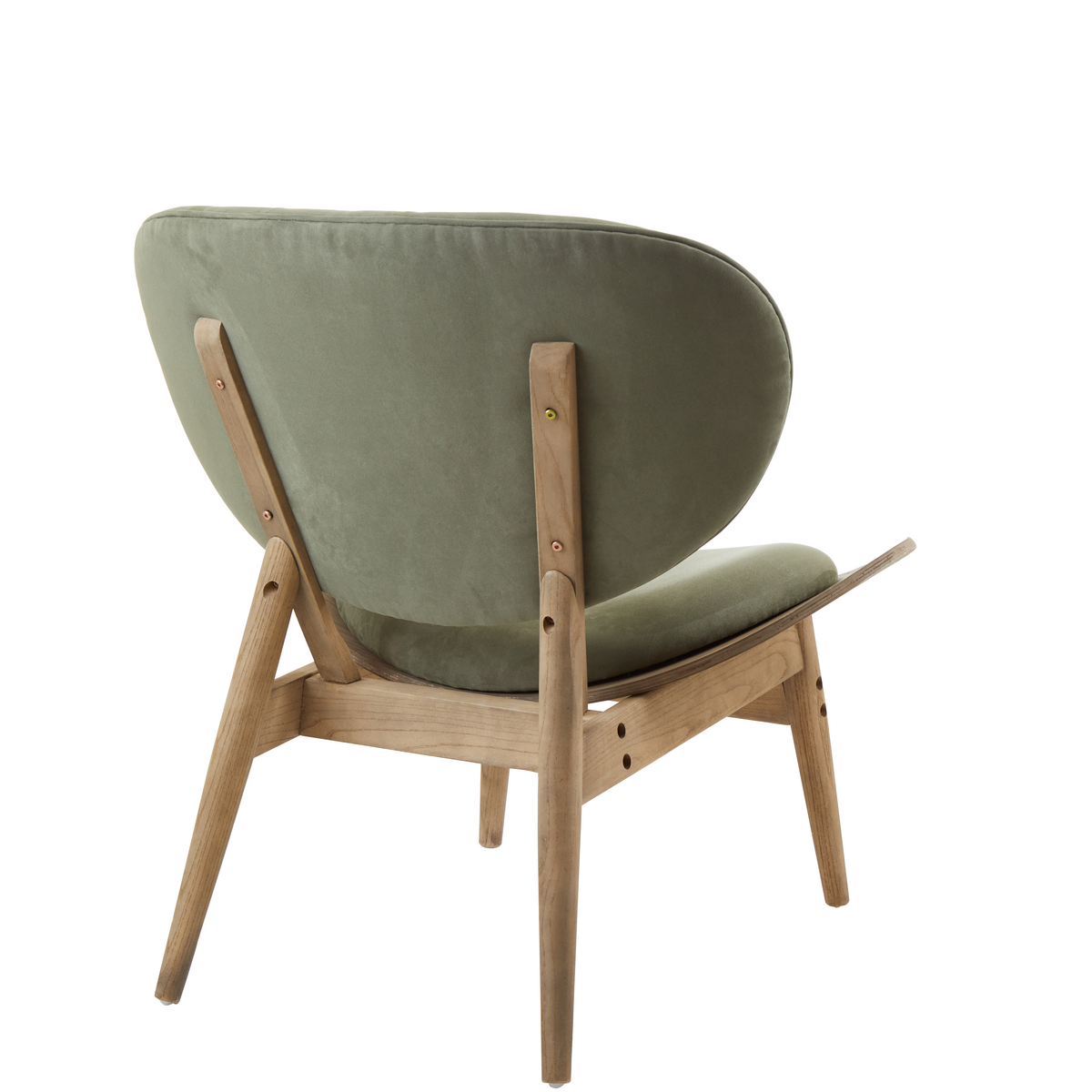 Green velvet chair featuring a rounded backrest and a sleek, minimalist design. The chair is supported by a light grey elm wood frame with visible wood grain and tapered legs.