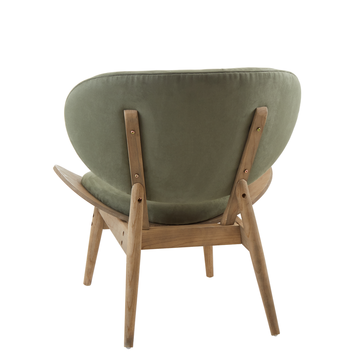 Green velvet chair featuring a rounded backrest and a sleek grey elm wood frame. The chair's legs are angled for stability, and the upholstery showcases a soft, plush texture.