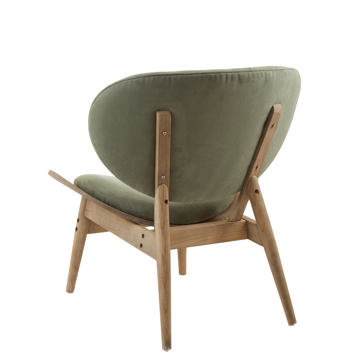 Green velvet chair featuring a rounded backrest and plush seat, supported by a light grey elm wood frame with angled legs.