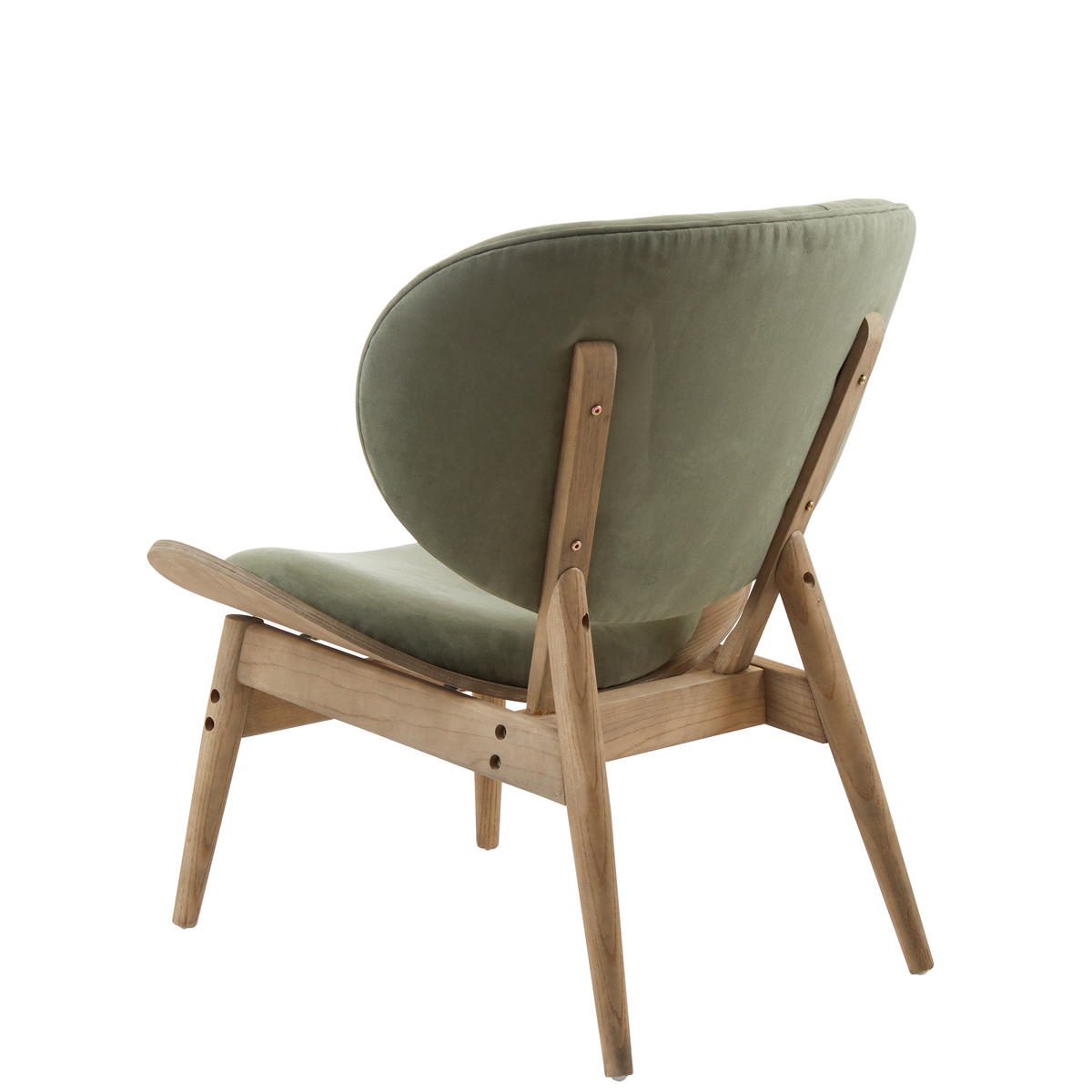 Green velvet chair featuring a rounded backrest and a comfortable seat, supported by a sturdy grey elm wood frame with visible wood grain.