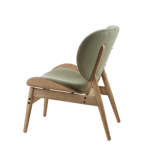 Green velvet chair featuring a rounded backrest and a sleek seat, supported by a light grey elm wood frame with angled legs.