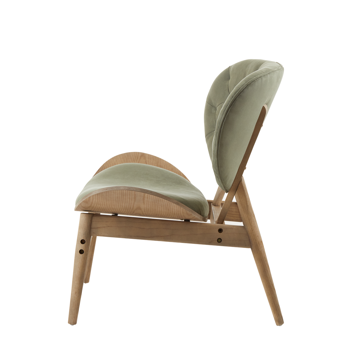Green velvet chair featuring a plush, tufted backrest and a sleek, curved seat.