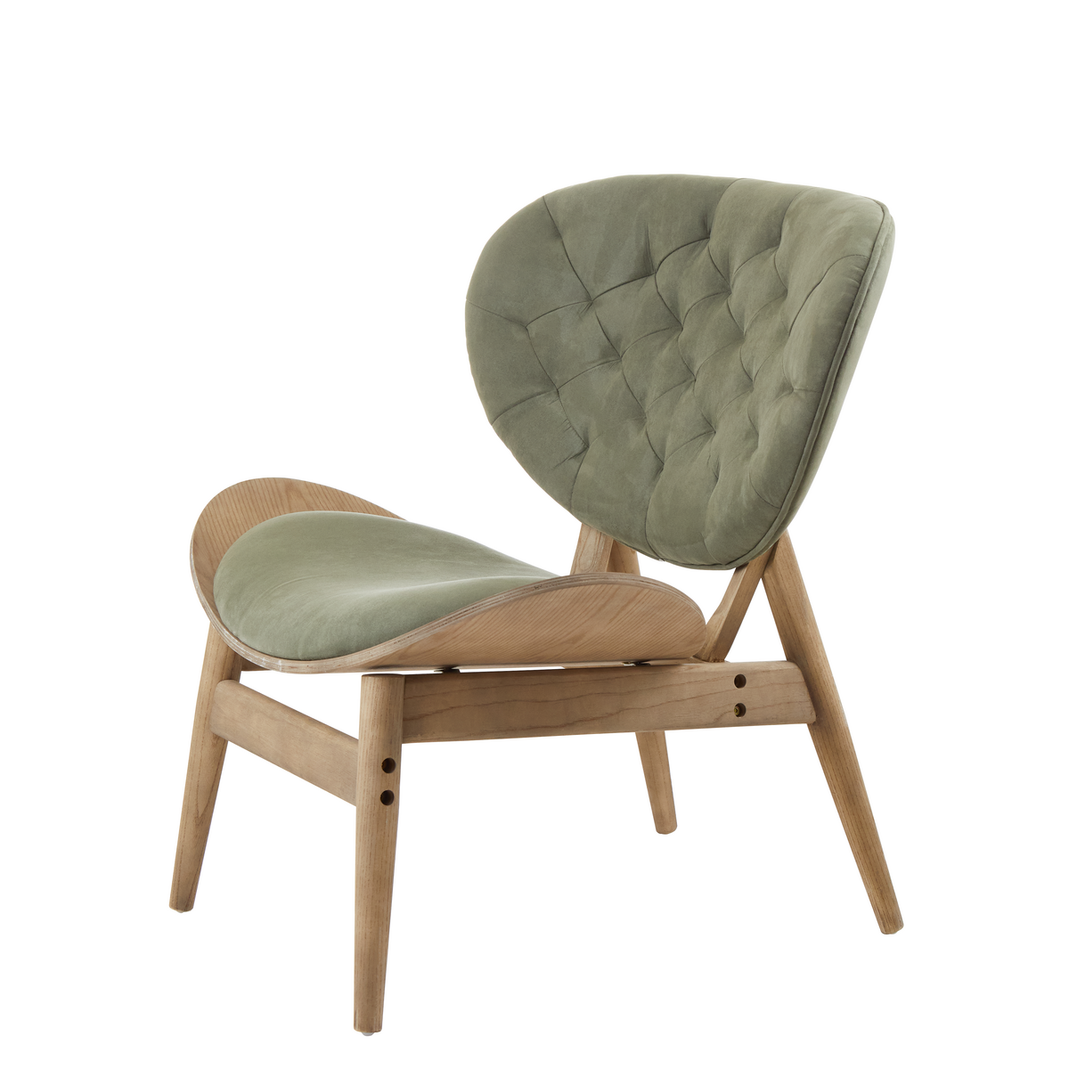 Green velvet chair featuring a tufted backrest and a sleek, curved seat design, supported by a light grey elm wood frame with angled legs.