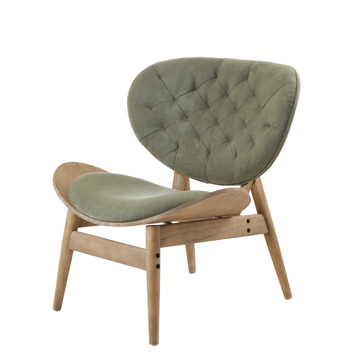 Green velvet chair featuring a tufted backrest and a curved seat, supported by a light grey elm wood frame with tapered legs.