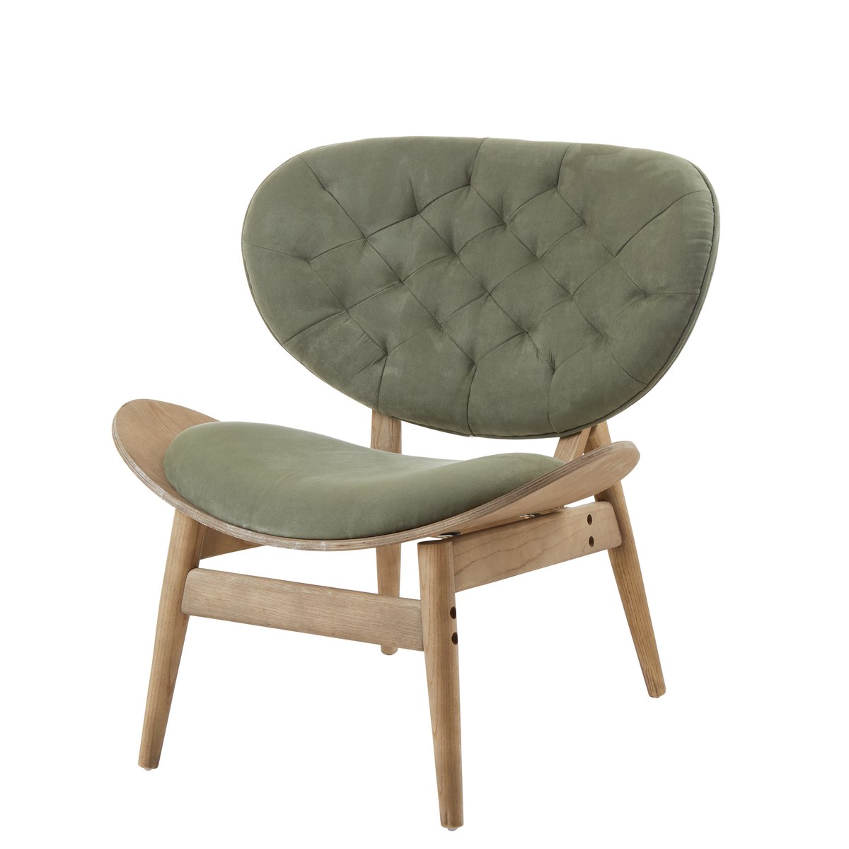 Green velvet chair featuring a tufted backrest and a comfortable seat, supported by a light grey elm wood frame with a sleek, modern design.