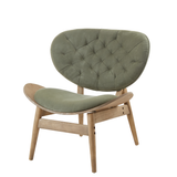 Green velvet chair featuring a tufted backrest and a comfortable seat, supported by a light grey elm wood frame with a sleek, modern design.