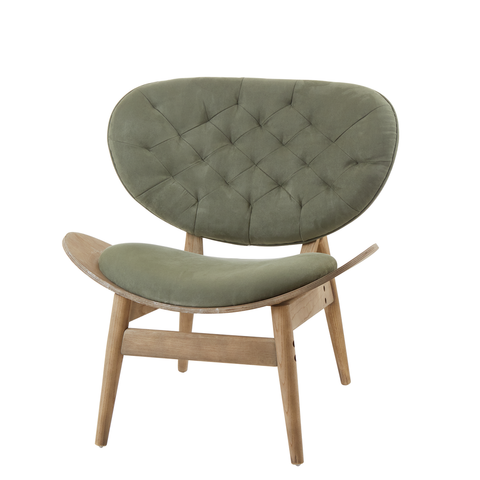 Green velvet chair featuring a tufted backrest and a smooth, curved seat, supported by a light grey elm wood frame with angled legs.