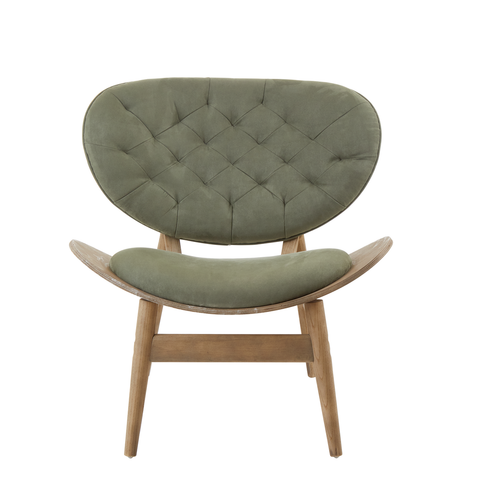 Green velvet chair featuring a tufted backrest and a curved seat, supported by a grey elm wood frame with tapered legs.
