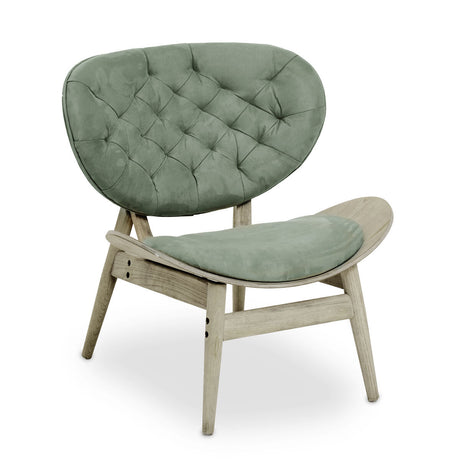 Green velvet chair featuring a tufted backrest and a curved seat, supported by a light grey elm wood frame.