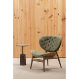 Green velvet chair featuring a tufted backrest and a comfortable seat, supported by a grey elm wood frame.