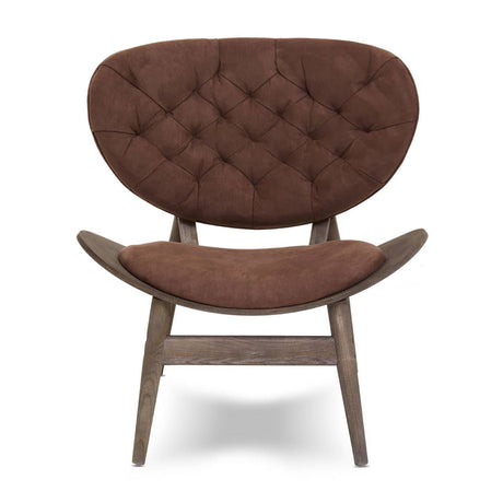 Brown velvet chair featuring a tufted backrest and a curved seat design, supported by a dark elm wood frame with angled legs.