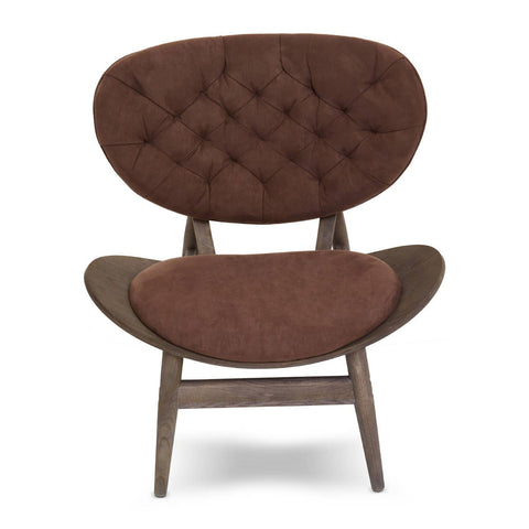 Brown velvet chair featuring a tufted backrest and a wide, comfortable seat. The chair is supported by a dark elm wood frame with a unique, curved design.