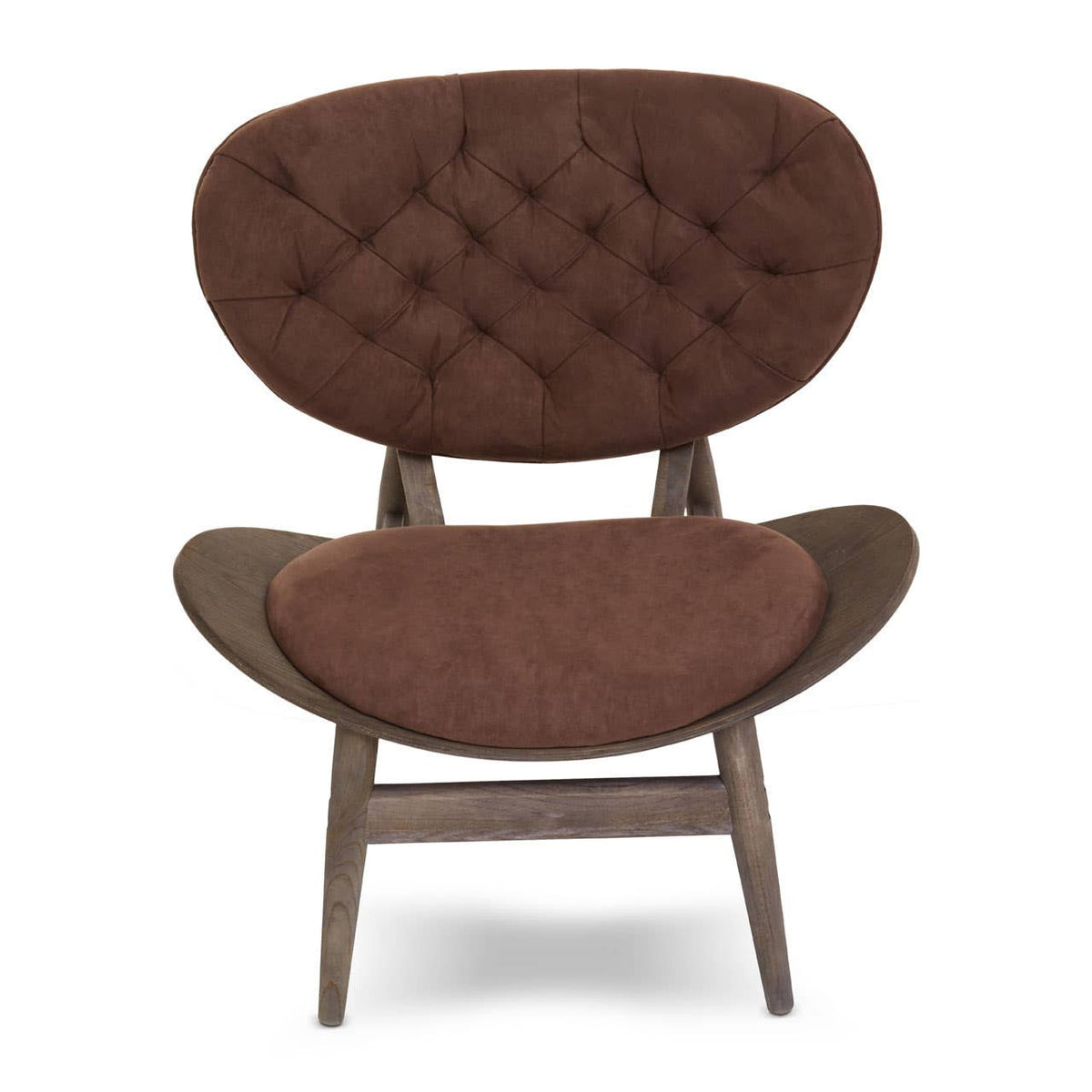 Brown velvet chair featuring a tufted backrest and a wide, comfortable seat. The chair is supported by a dark elm wood frame with a unique, curved design.