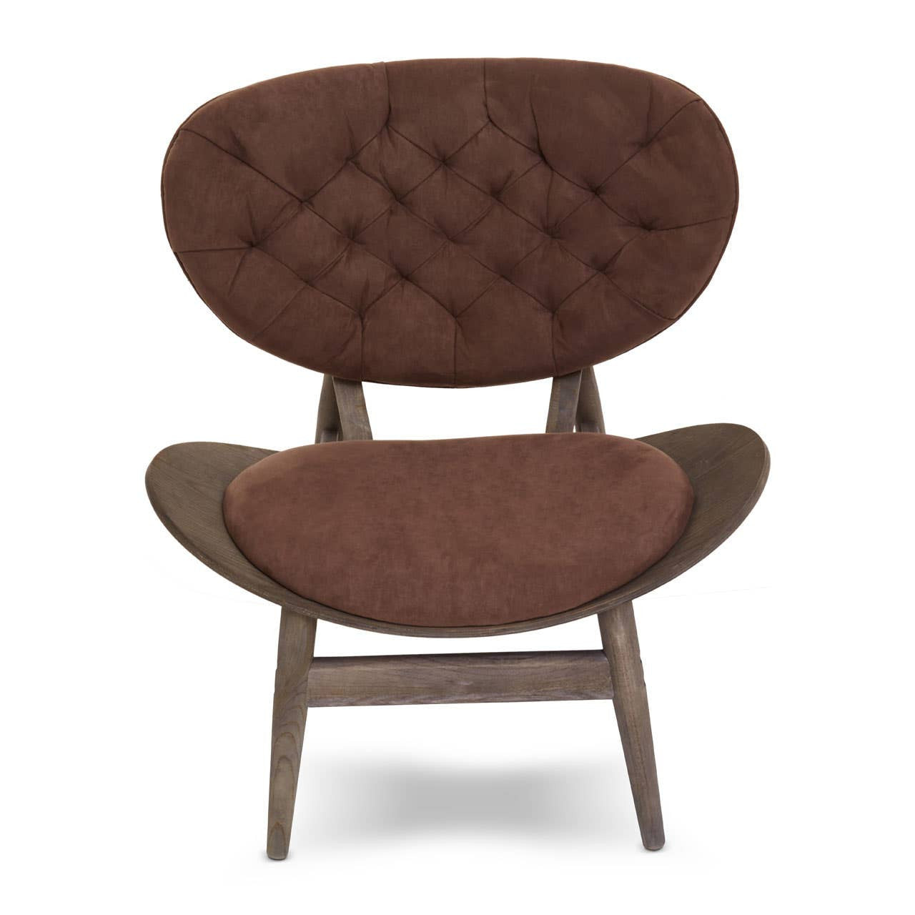 Brown velvet chair featuring a tufted backrest and a wide, comfortable seat. The chair is supported by a dark elm wood frame with a unique, curved design.