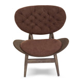 Brown velvet chair featuring a tufted backrest and a wide, comfortable seat. The chair is supported by a dark elm wood frame with a unique, curved design.