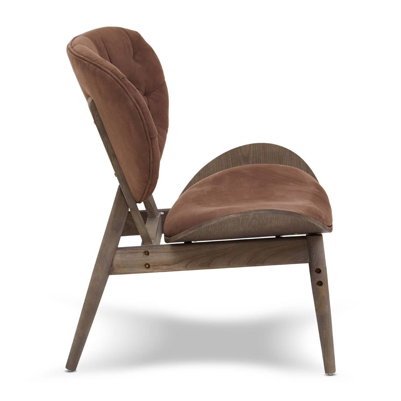 Brown velvet chair featuring a plush, tufted backrest and a curved seat, supported by a dark elm wood frame with a natural finish.