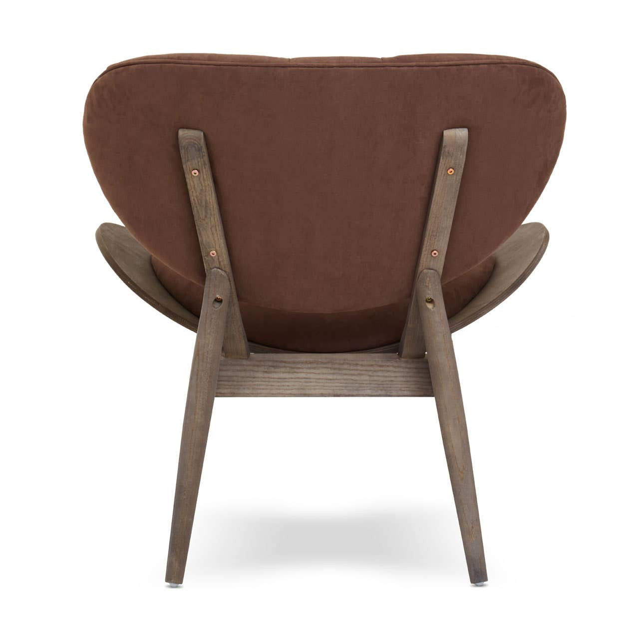 Brown velvet chair featuring a rounded backrest and dark elm wood frame, showcasing a sleek design with visible copper accents on the backrest.